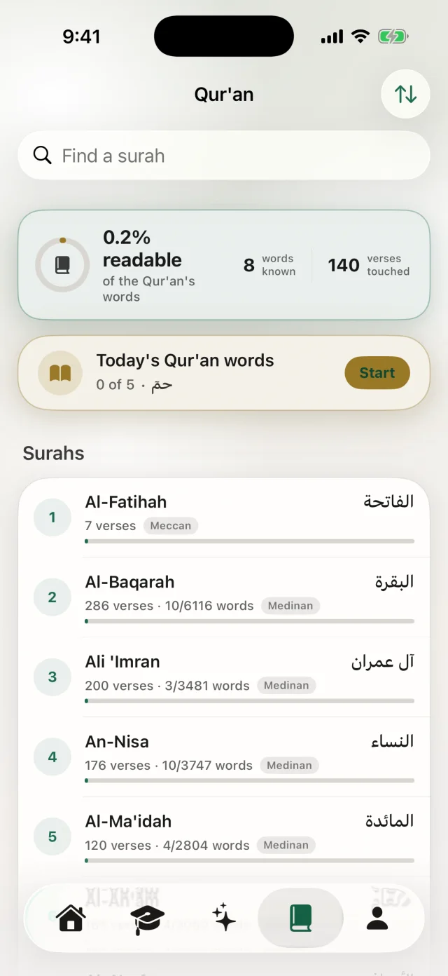 Qur'an tab showing percent readable, today's Qur'an words, and the surah list